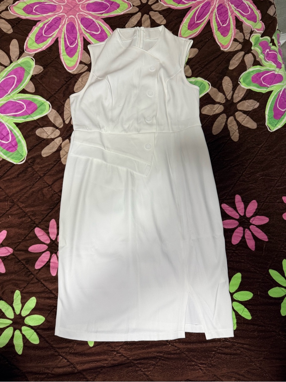 Sleeveless White Sheath Dress with Button Detail